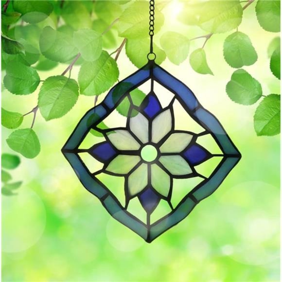 Stained Glass Windows Hanging Suncatchers Flower Blue, 6" x 6" - Picture 7 of 8